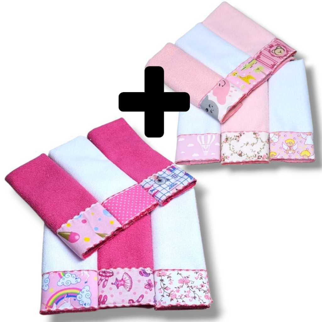 Kit Toalha Ombro e Boca Babete 12 UniD Overlocado e Tecido Estampas Variadas Toalhas Coloridas MaciaS