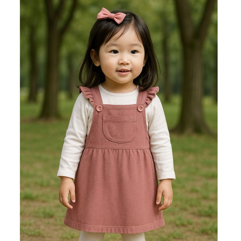 Roupa Infantil Menina Vestido Salopete Cotelê 100% Algodão com Babado na Manga Detalhe de Bolso