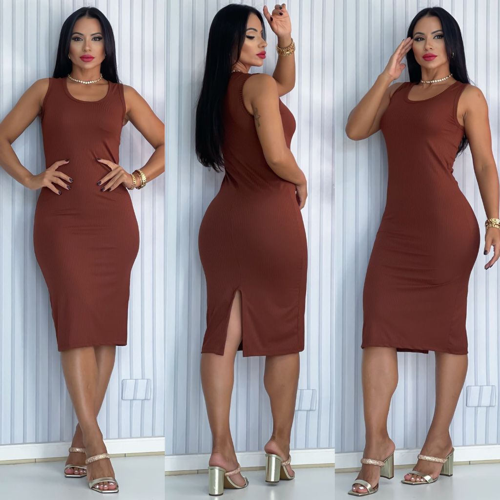 Vestido Feminino Canelado Regata com fenda em Oferta na Shopee