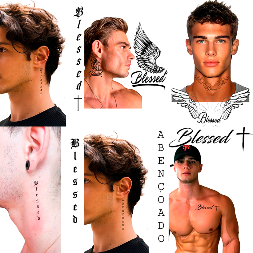 Tatuagem Temporária Blessed Abençoado Asa Rosa Anjo Pescoço em Oferta na Shopee