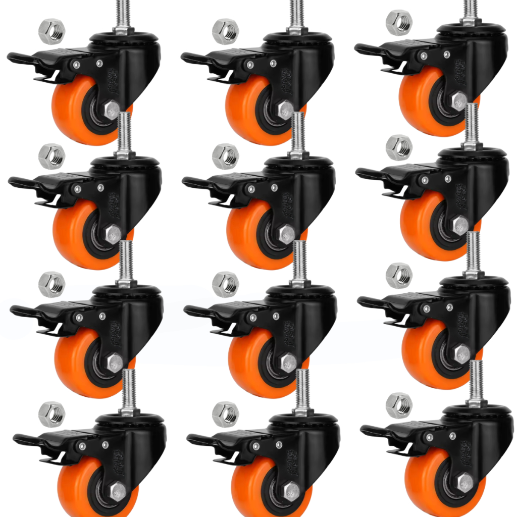 Kit 12 Rodizios Rodas Giratórias de Borracha Com Freio e Parafuso Espiga 50mm 2" Polegadas Marca RRJ