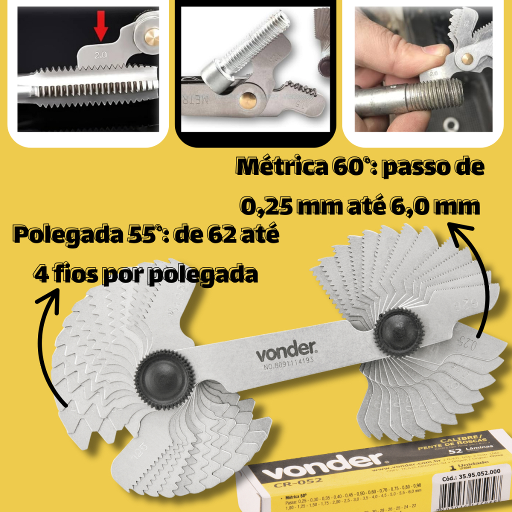 Cálibre/pente De Rosca Com 52 Lâminas, 0,25 Mm - 6,0 Mm - Vonder - Medidor de Passo em Oferta na Shopee