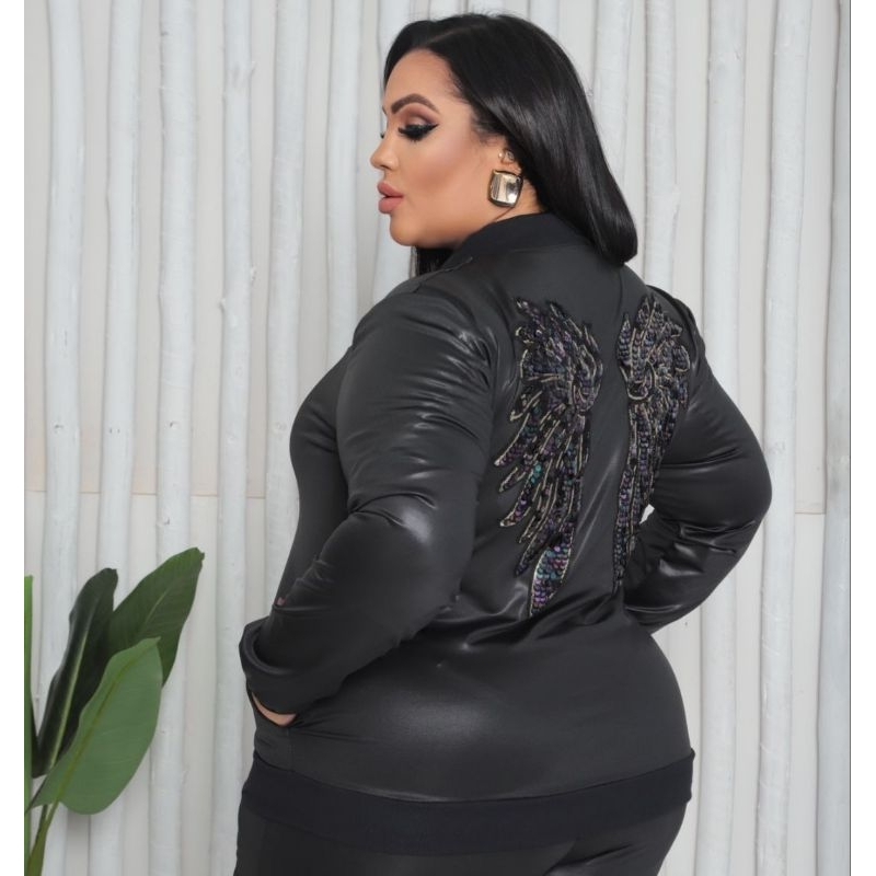 Jaqueta Casaco Bomber ASAS Feminino Plus Size Cirrê Estilo Couro — imagem 2 de 2
