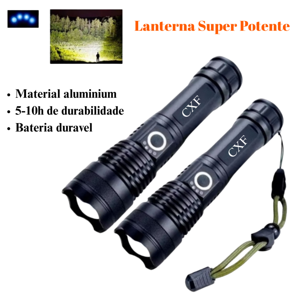 Kit 2 Lanternas Super Potente T9 Tática Mais Forte Do Mundo Sitio Fazenda Acampamento Camping Segurança Recarregável USB