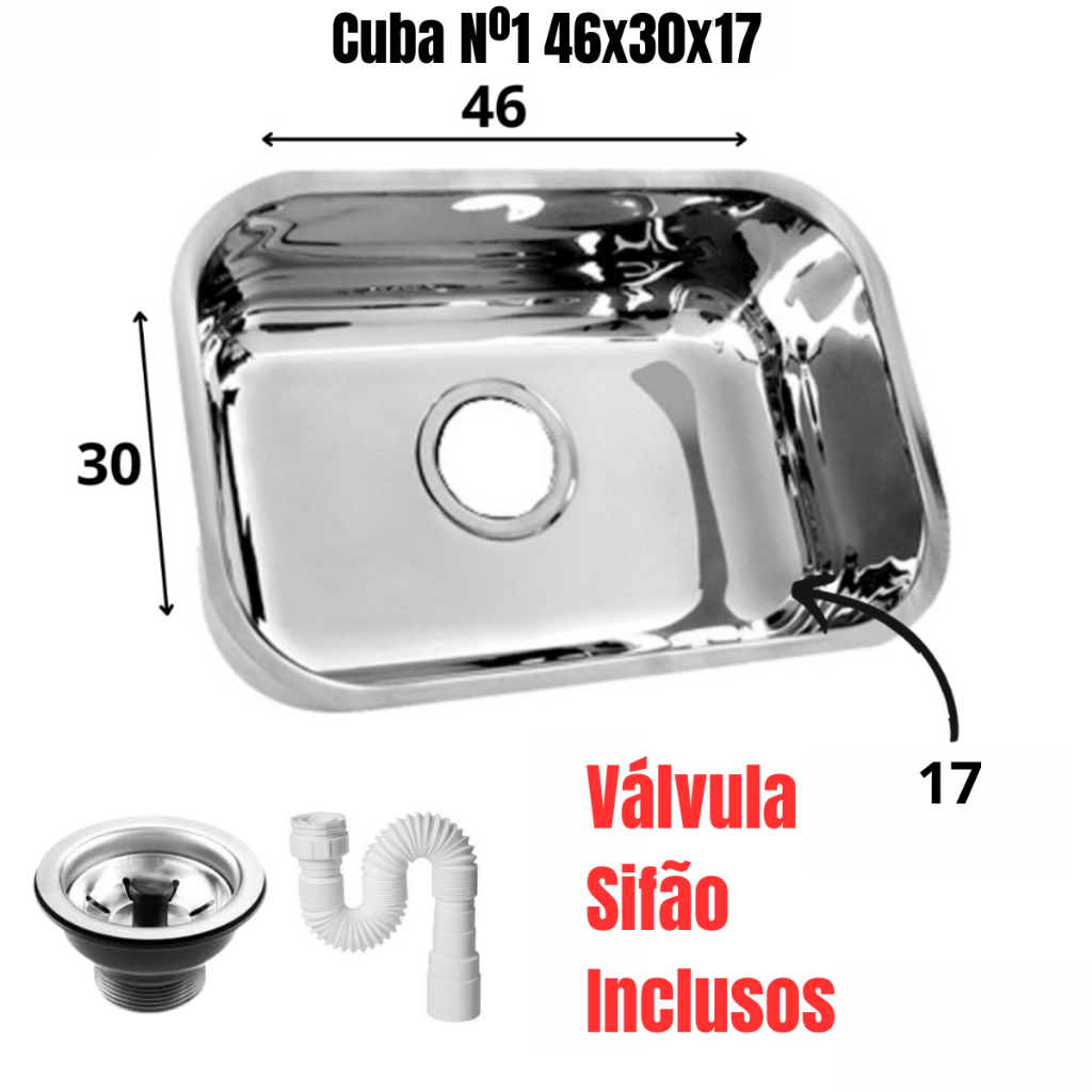 Cuba Cozinha Pia Inox  46x30x17 - Aço 430 - Polida Tecnocuba + Valvula/Sifão