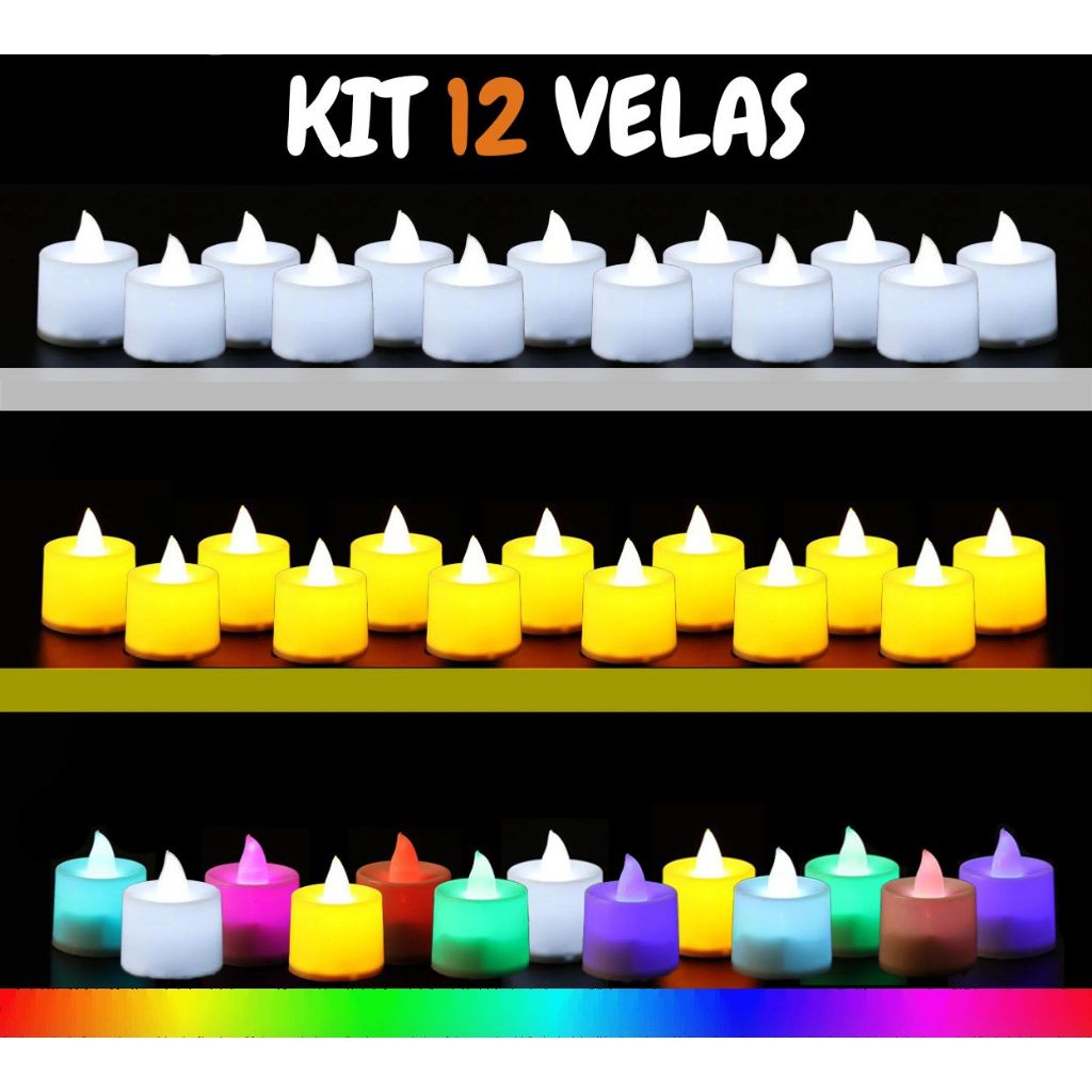 Kit Com 12 Velas Decorativas Eletrônicas Luz De Led Romanticas Surpresa Com Baterias