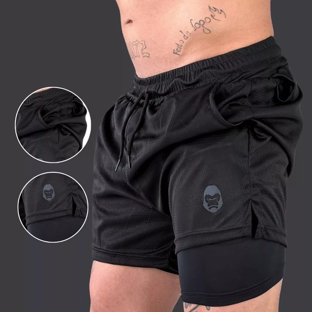 Bermuda Masculina Kong Fitness 2 em 1 Com Forro Musculação Academia Dry Fit Forrada — imagem 1