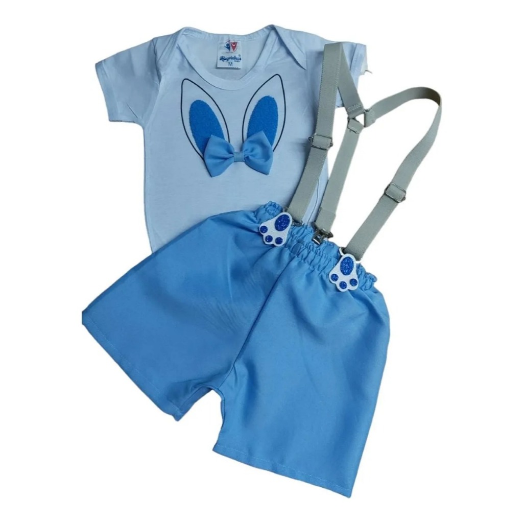 Conjunto Coelhinho Menino Roupa Infantil Páscoa Temático Camiseta, Short e Suspensório 1 Aninho