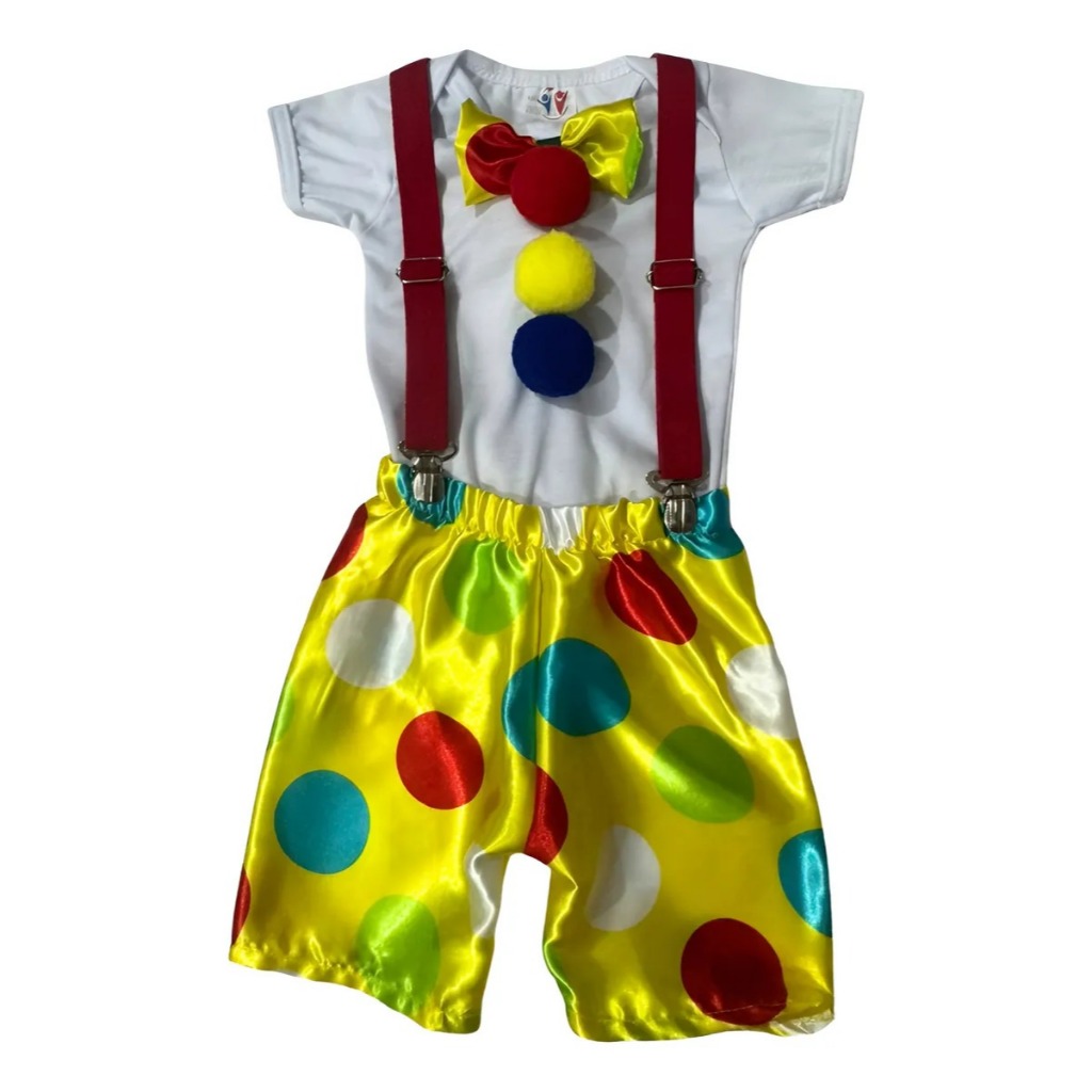 Roupa De Bebê Menino Conjunto Palhacinho Infantil Temático Festa Circo Body, Short Colorido e Suspensório 1 aninho