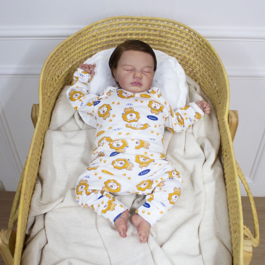 Roupas Para Reborn RN 2 Peças Body Transpassado E Calça Alta Canelada Em Algodão Leãozinho Fofinho