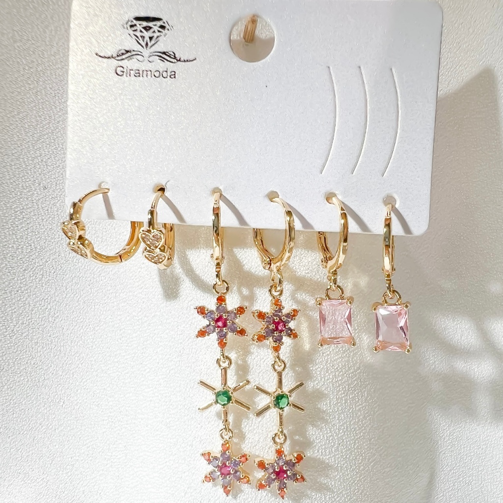 Kit 3 pares de brincos Argolas Cravejadas Pedra de Zirconia pingente Coracao/ Gota /PerolaSemi joia a Ouro18k prata 925 — imagem 2 de 2