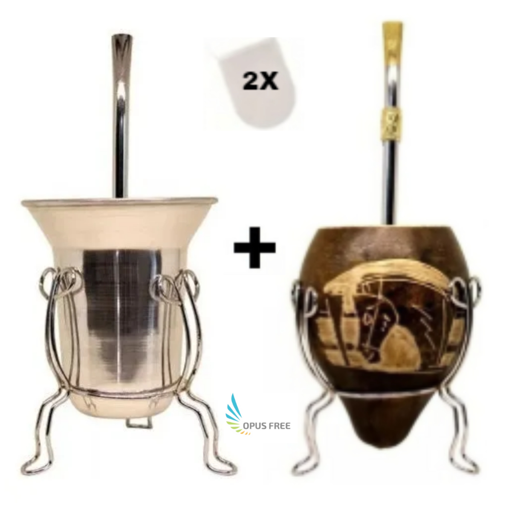 Cuia Copo Para Tereré em Alumínio Tripé e Bomba + Cuia Chimarrão Coquinho Natural Tripé e Bomba + Filtro