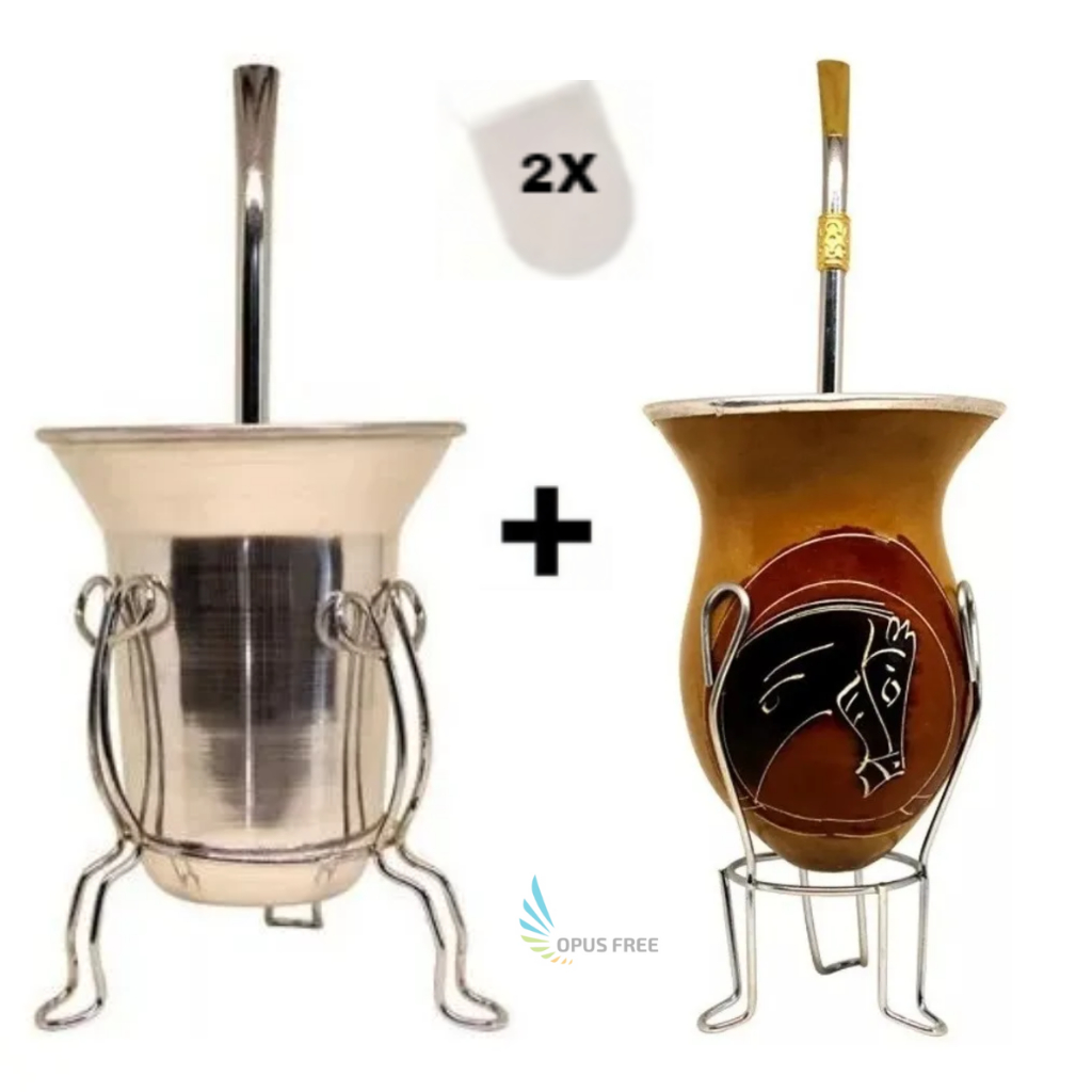 Cuia Alumínio Térmico Para Tereré e Bomba + Kit Cuia Porongo Para Chimarrão com Bomba + Filtro