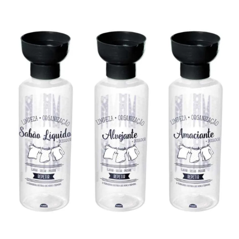 Kit lavanderia com dosador - Porta Alvejante - Amaciante e Sabão líquido - Plasútil