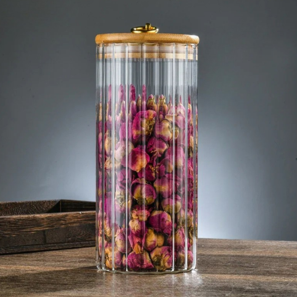 Porta Mantimentos de Vidro CANELADO TRANSPARENTE 1050ML Hermético cozinha Tampa Bambu Argola Dourada