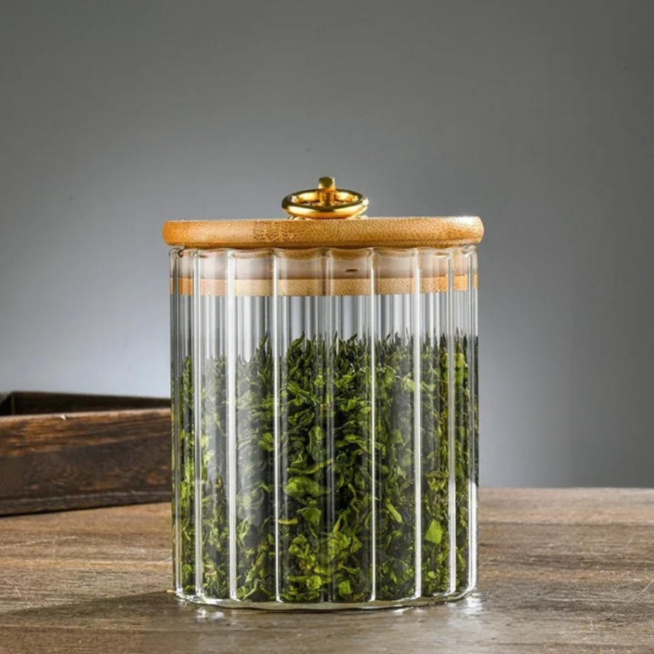 Pote Hermético de Vidro CANELADO 500ML TRANSPARENTE Porta Mantimentos cozinha Tampa Bambu argola Dourada porta tempero