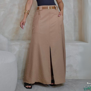 Saia Longa Feminina com Fenda Frontal, Cintura Alta, Bolsos e Cinto  Elegante e Moderna em Oferta na Shopee