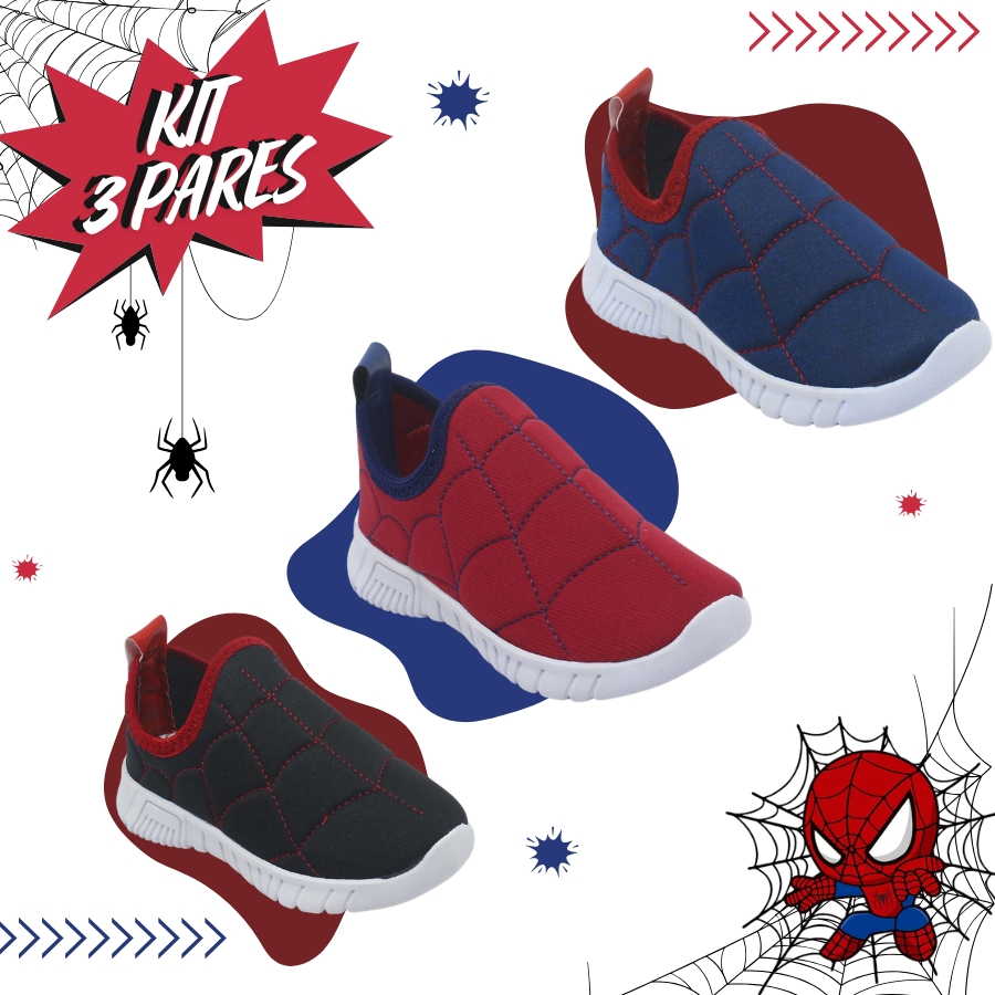 Kit 3 Tênis Infantil Masculino Antiderrapante Confortável Leve Estilo Aranha Escolar – Preto, Azul e Vinho em Oferta na Shopee