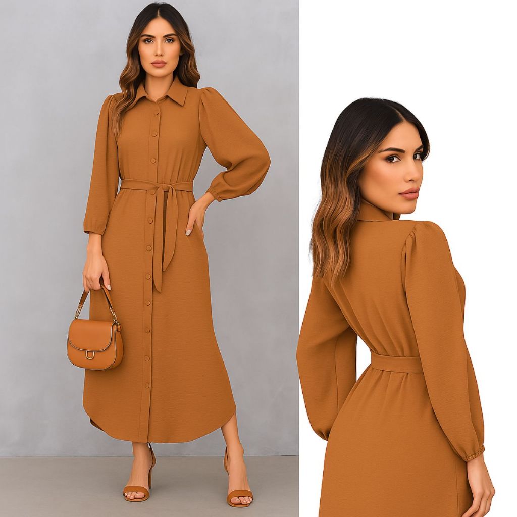 Vestido Chamise Chemise Manga Longa Moda Evangélica Com Botão de Amarrar