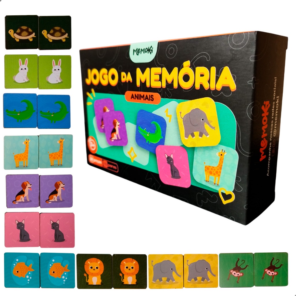 Jogo Da Memória Animais MDF 20 Peças 5x5cm Brinquedo Educativo Estimula Coordenação Motora E Raciocínio Lógico