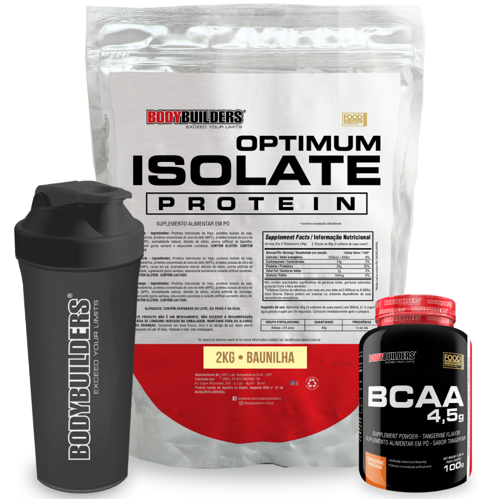 Kit Whey Protein Optimum Isolate 2kg + BCAA 100g + Coqueteleira - Bodybuilders - Health