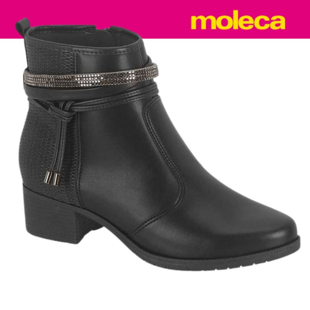 Bota Feminina Moleca Salto Baixo Grosso Cano Curto Tira Strass Detalhe Nó Conforto em Oferta na Shopee