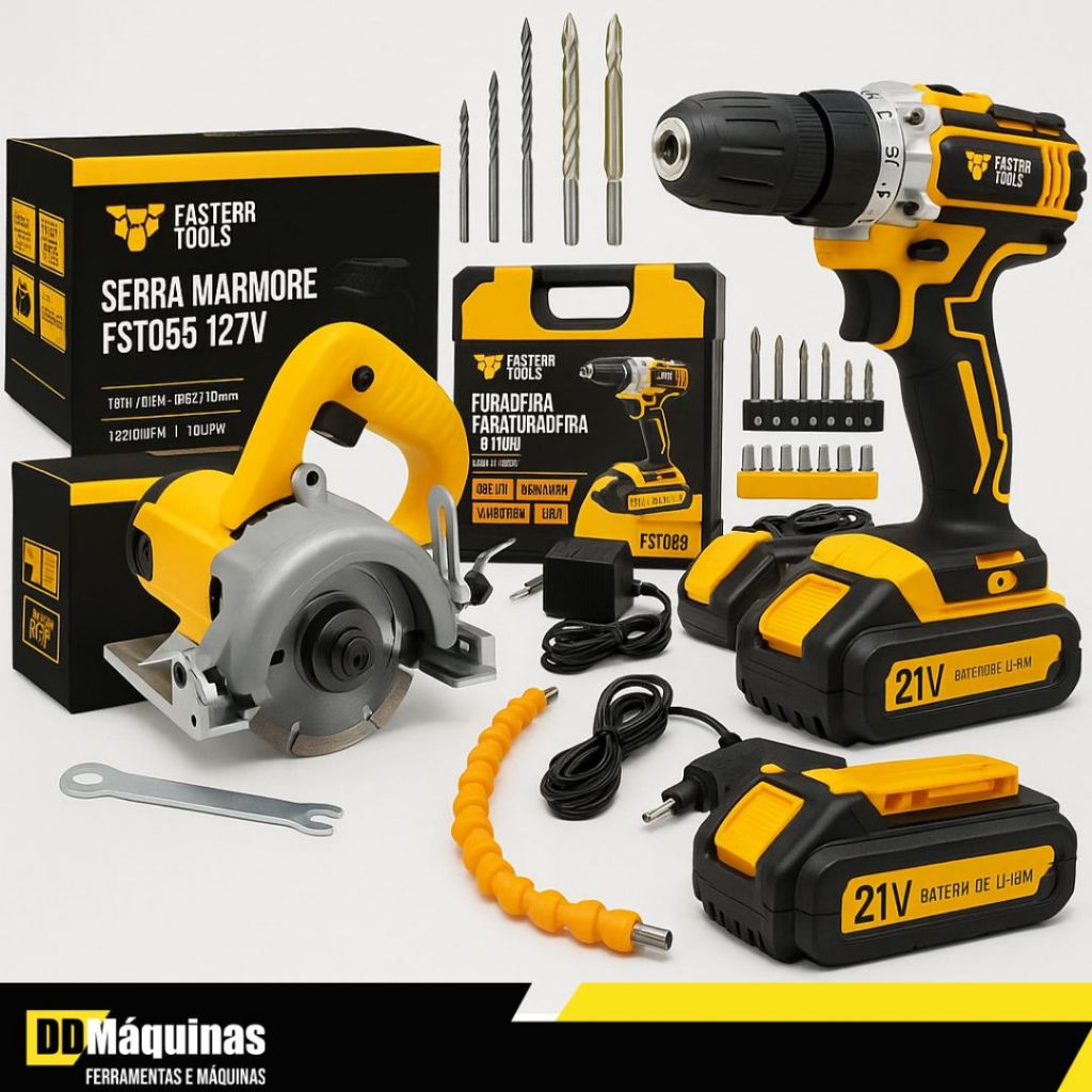 Kit Parafusadeira De Impacto 2 Baterias 3/8 21V + Acessórios + Serra Mármore 4.3/8" 1240W -Faster