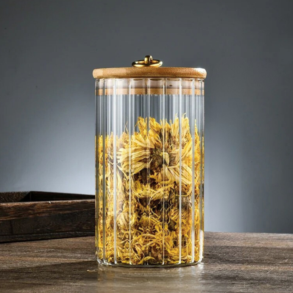 Pote de Vidro com Tampa Bambu Hermética CANELADO TRANSPARENTE Porta Mantimentos cozinha Argola dourada porta tempero