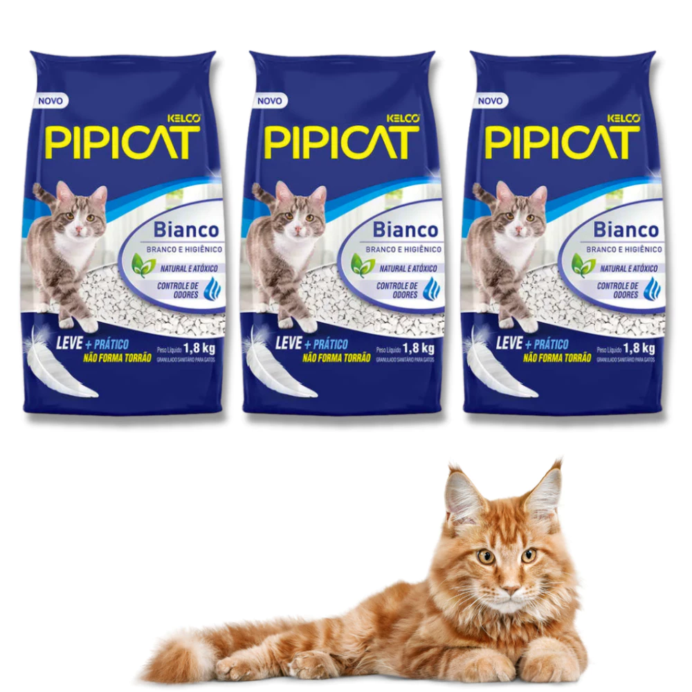 Kit C/ 3 Unidades Areia Para Gatos Pipicat Bianco Natural 1,8kg Kelco Granulado Grosso Alta Absorção