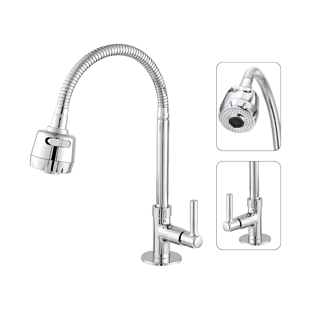 Torneira de Cozinha Gourmet Cano em Aço Inox Base Abs 2 Acionamentos 1/4 De Volt