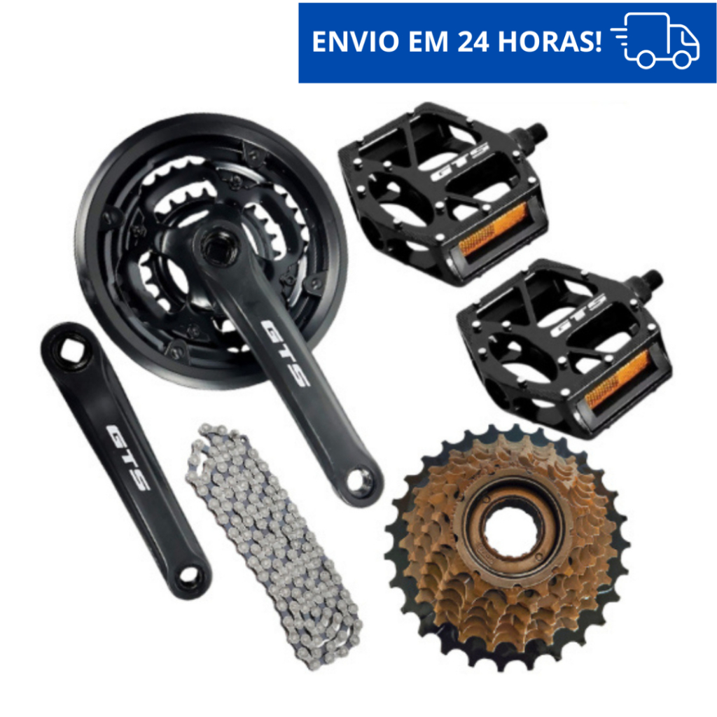 Pedivela Pe de Vela GTS Bicicleta Aro 24 26 29 Preto + Par de Pedal Plataforma Aluminio GTS + Catraca Roda Livre 7v Inde