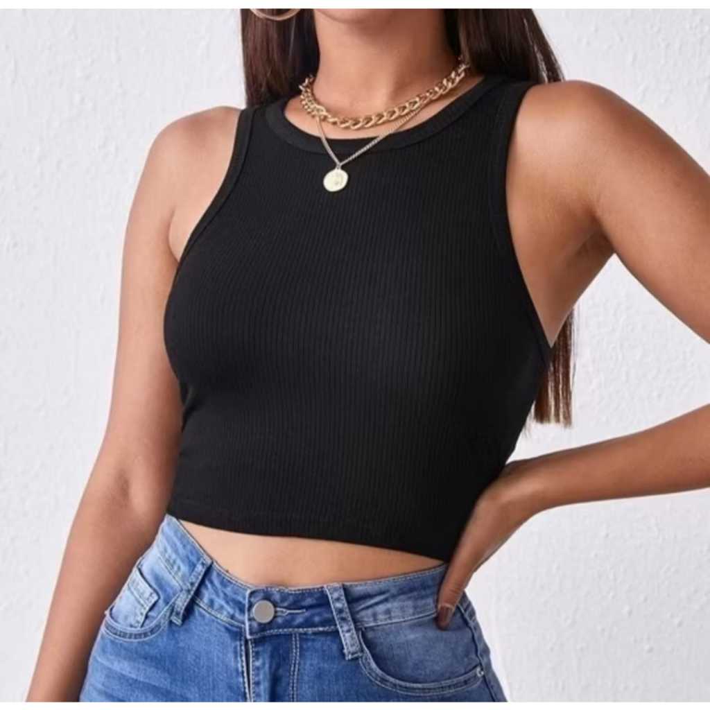 Cropped Top Regata Básico Canelado Feminino não possui bojo Casual Preto Branco Nude Modas Femininas Blogueira Tendência