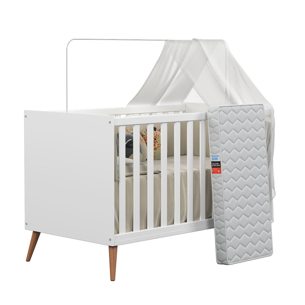 Berço Americano Retrô Com Grade Removível e Com Colchão - Mom & Baby