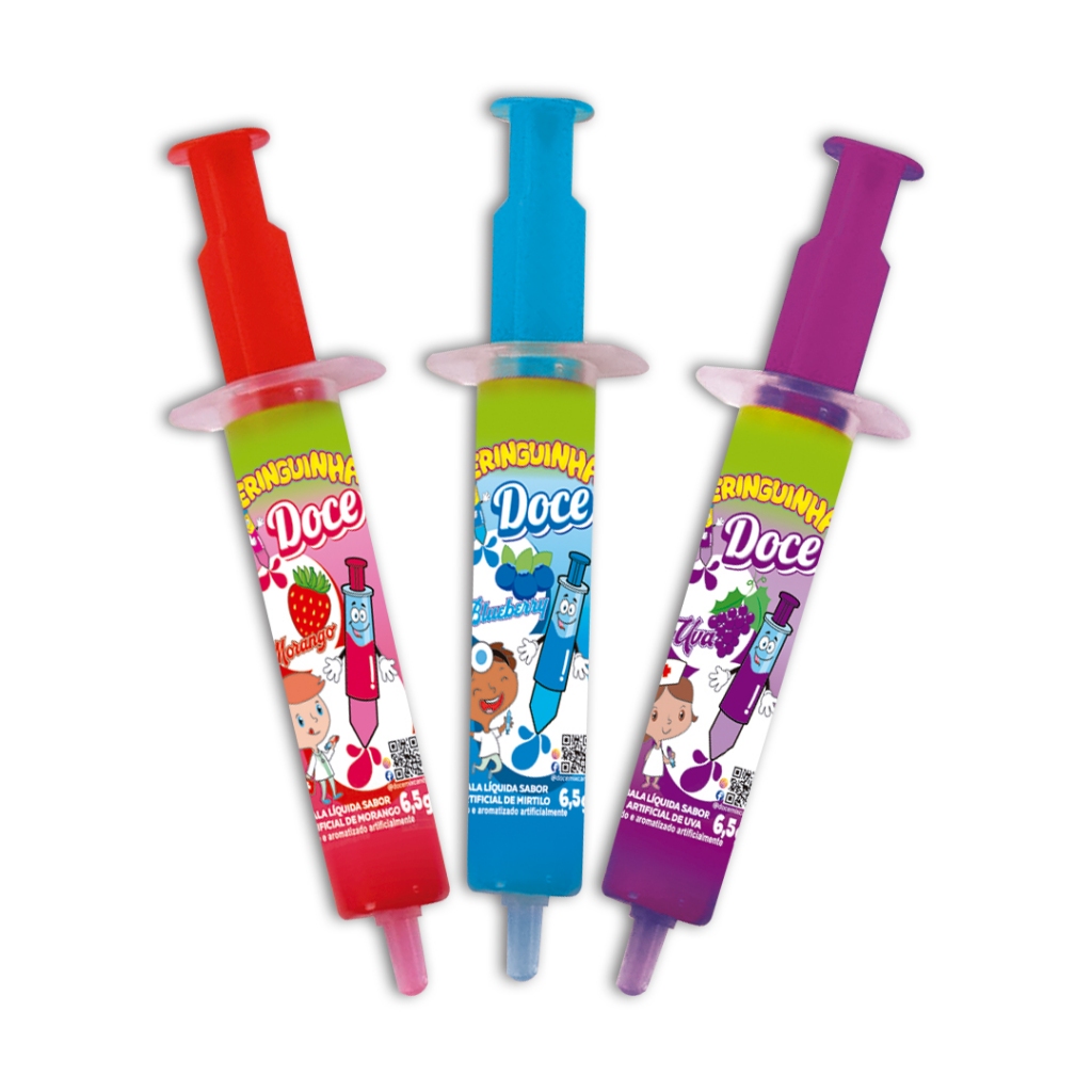 BALA LIQUIDA EM FORMATO DE SERINGA DISPLAY C/ 15 UNIDADES UVA, MORANGO E BLUEBERRY