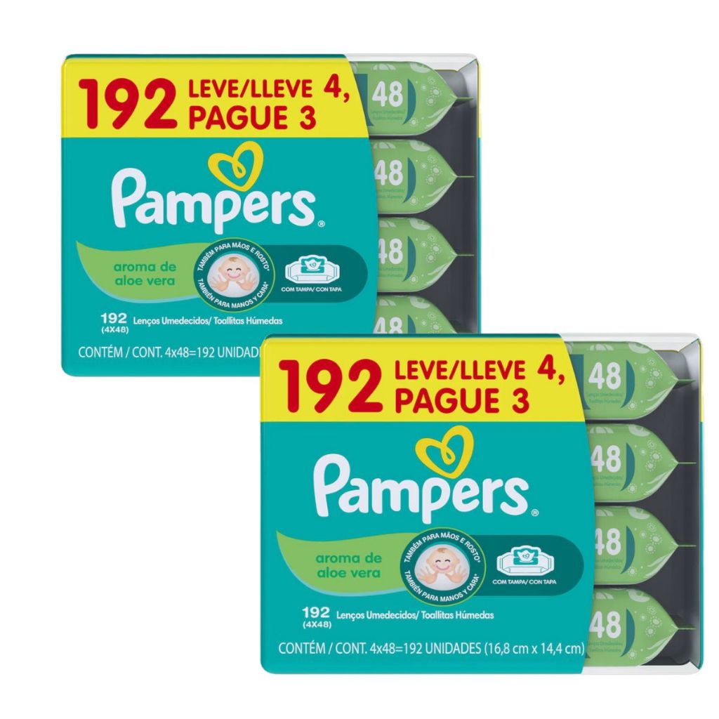 Kit Lenços Umedecidos Pampers com Aloe Vera –  384 Unid | Uso Diário para Bebê, Mãos e Rosto