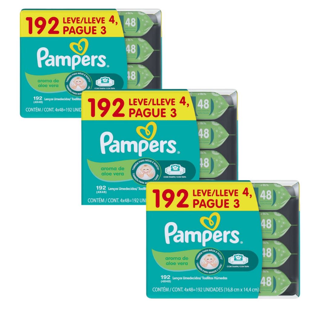 Kit Lenços Umedecidos Pampers com Aloe Vera –  576 Unid | Uso Diário para Bebê, Mãos e Rosto