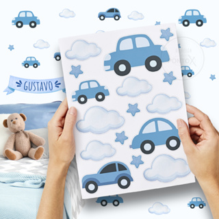 Adesivo de Parede Infantil Carros e Nuvens | Vinil Recortado Quarto Bebê Menino | Azul, Verde, Colorido em Oferta na Shopee
