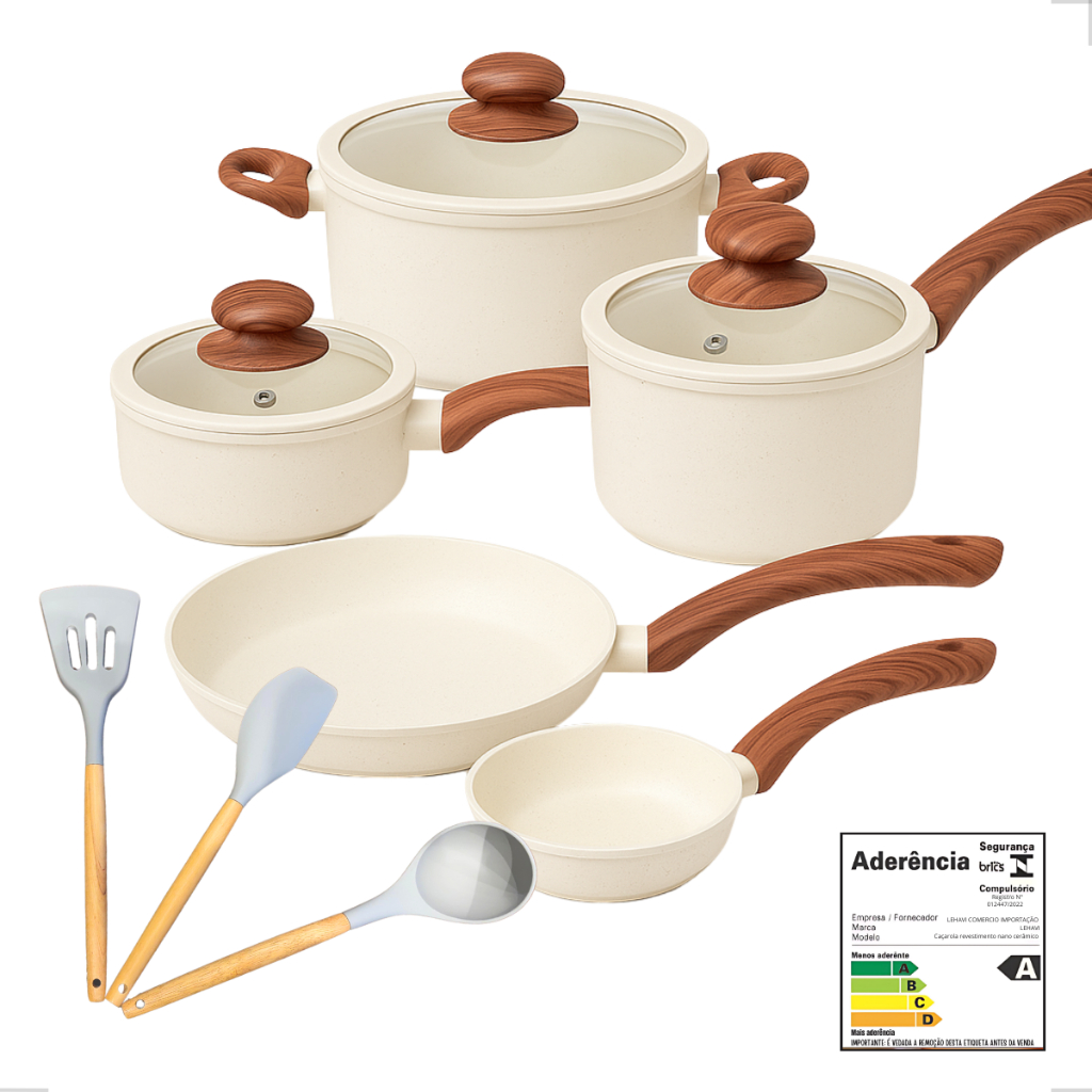 Jogo De Panelas 8 Peças Antiaderente Ceramica Induçao Gás + Utensílios Silicone Madeira Ta...