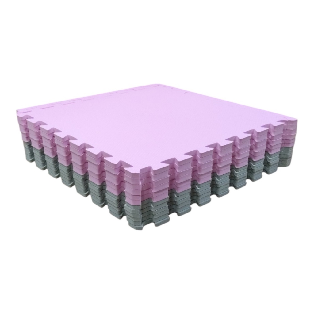 Kit 12 Tapete Tatame Eva 50x50x1cm 10mm + Bordas de Acabamento Rosa Claro e Cinza Claro