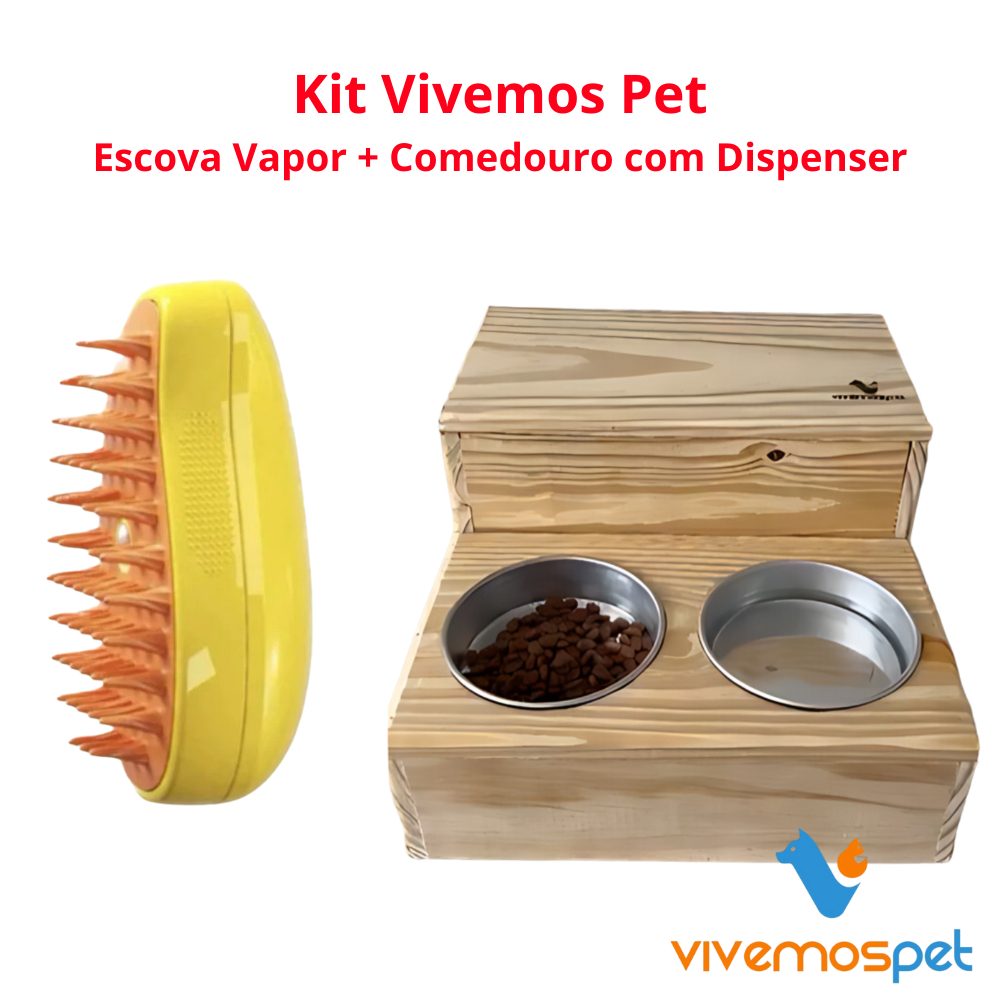 Kit Comedouro com Dispenser e Escova a Vapor - Pet Feliz