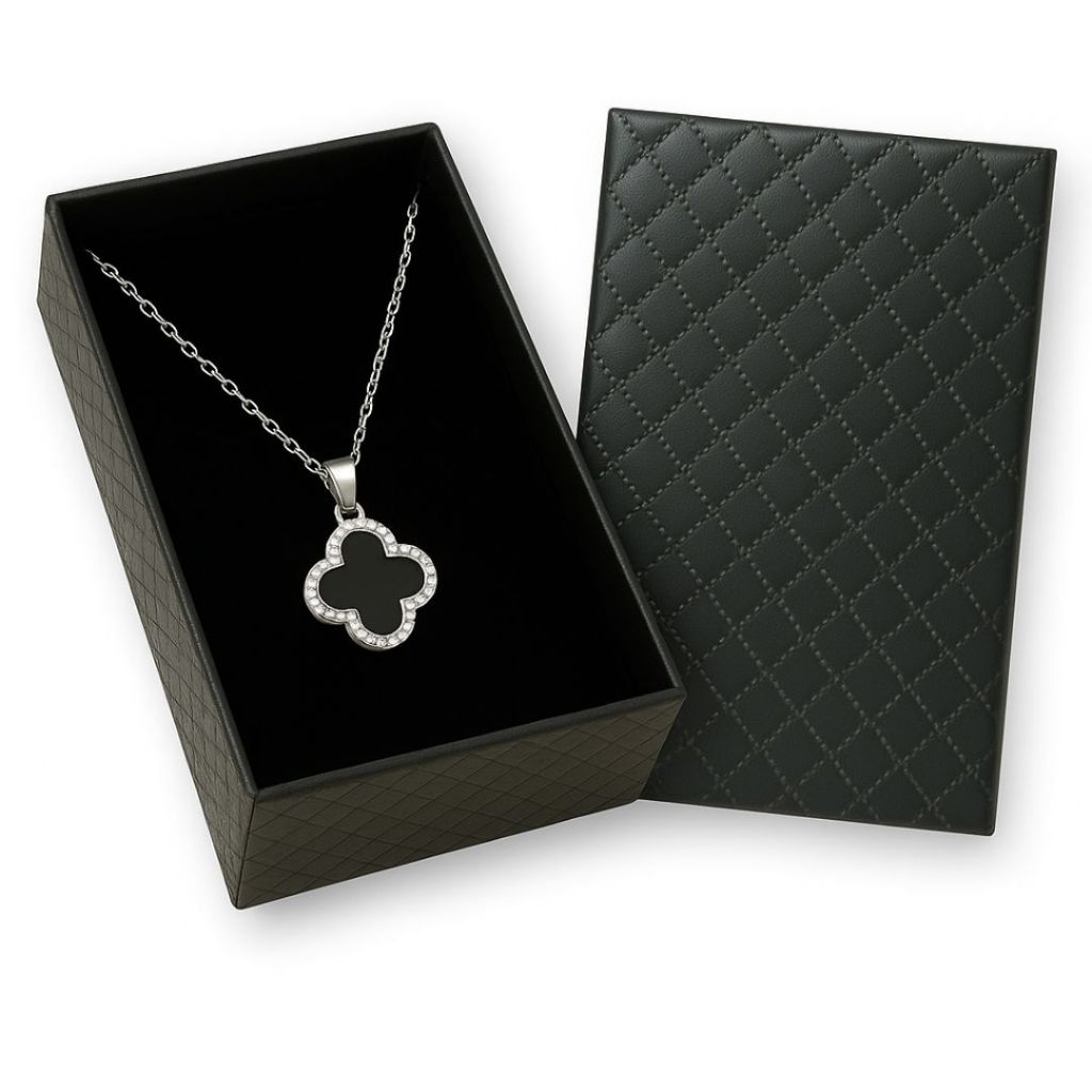 Colar Aço Inox  Trevo Preto Feminino Gargantilha Prateado em Oferta na Shopee
