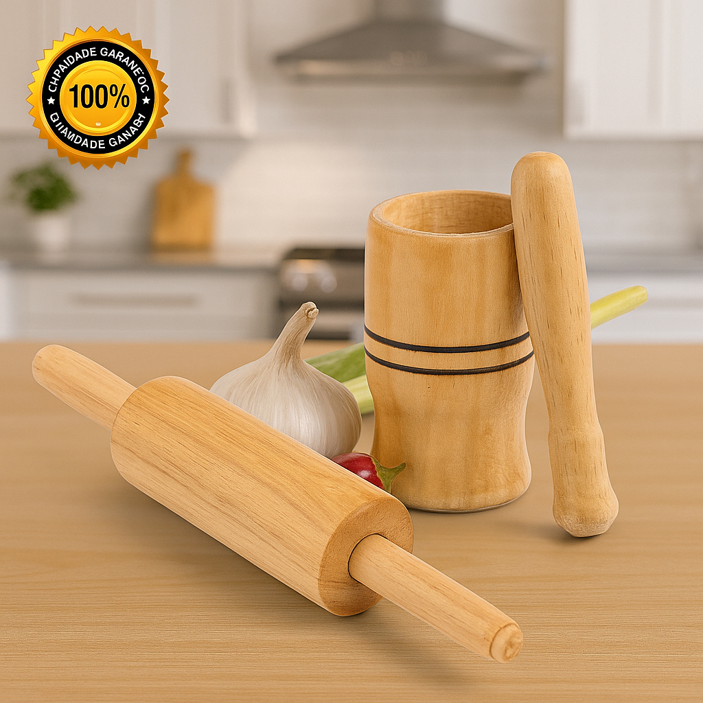 Kit 2 Peças Rolo De Madeira Para Massas Pão Pizza Macarrão 1 Pilão Com Socador Alho Cozinha Restaurante Padaria