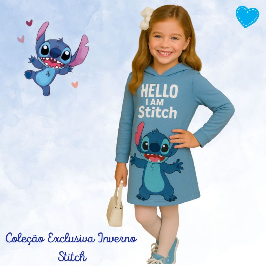 Vestido Infantil e Juvenil Manga Longa Inverno Stitch Moletom Manga Longa Exclusivo Tamanhos 4 , 6 , 8 , 10 e 12 Anos