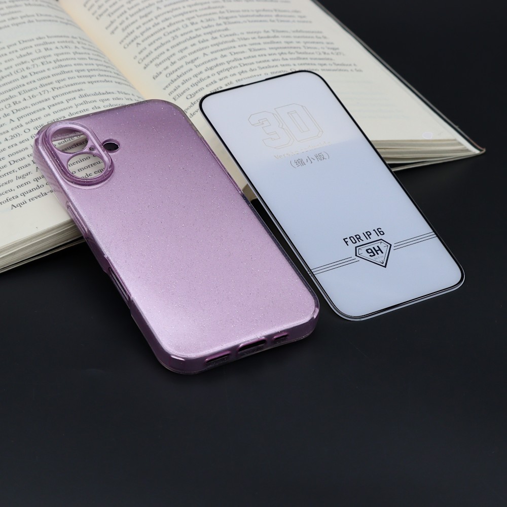 Capa Colorida com Brilho para IPhon 16 Com Película de Vidro 3D