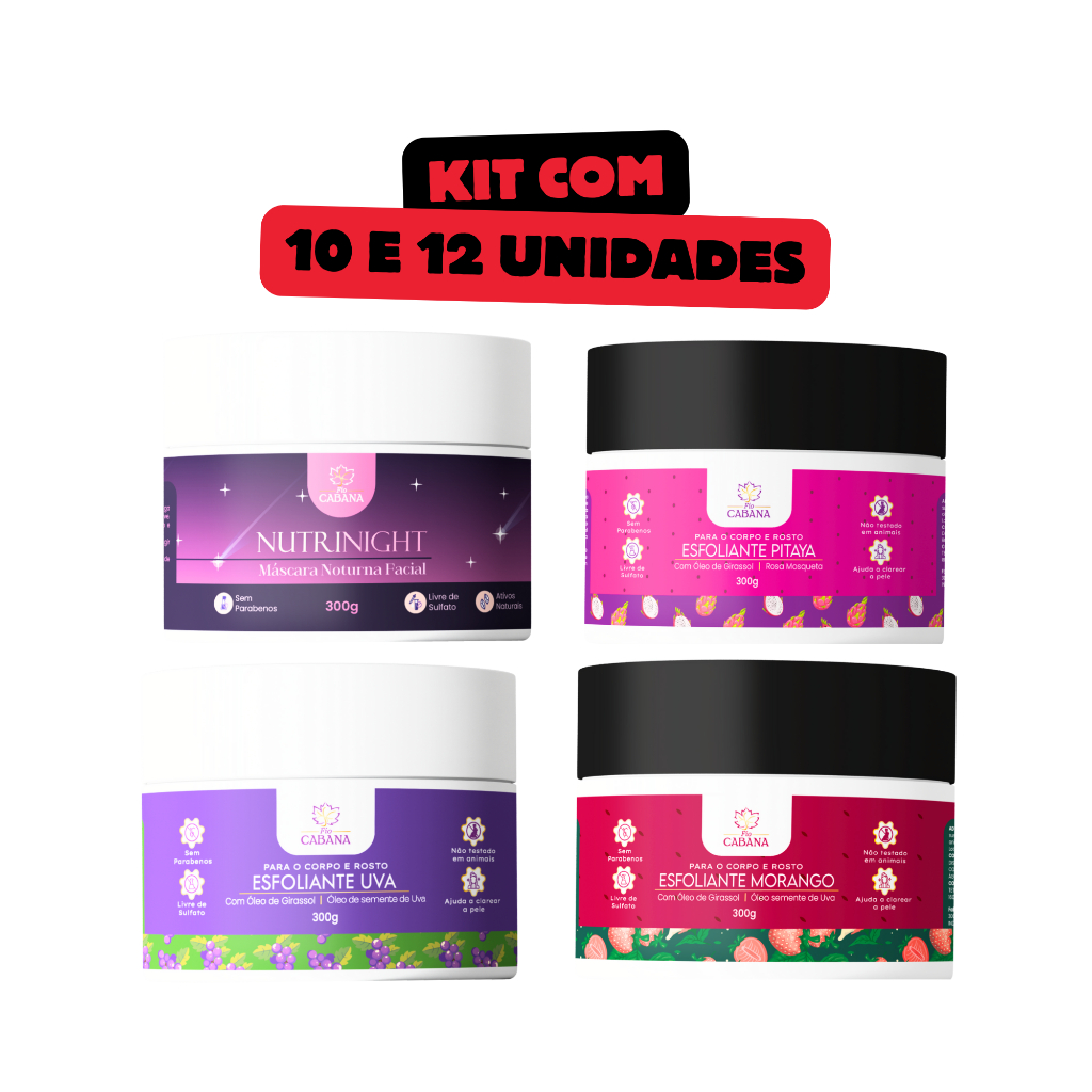 Kit com 10 ou 12 Cosméticos Fio Cabana | Esfoliantes e Máscara Noturna NutriNight 300g
