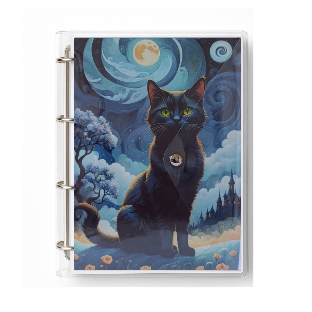 Caderno Fichário Argolado Pasta Organizadora 4 Argolas Gato Preto Transparente Fechamento com Botão