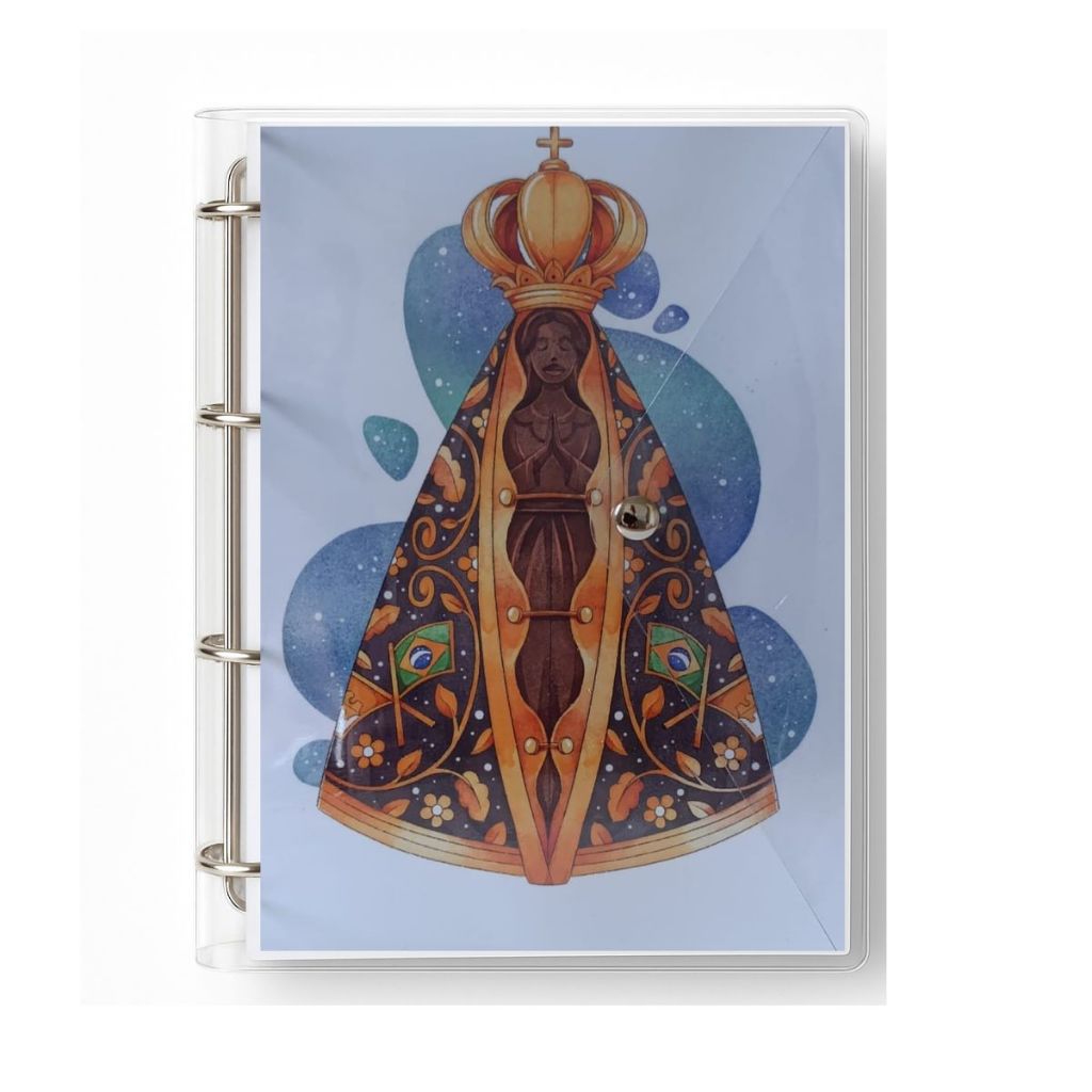 Caderno Fichário Argolado Pasta Organizadora 4 Argolas Nossa Senhora Transparente Fechamento com Botão