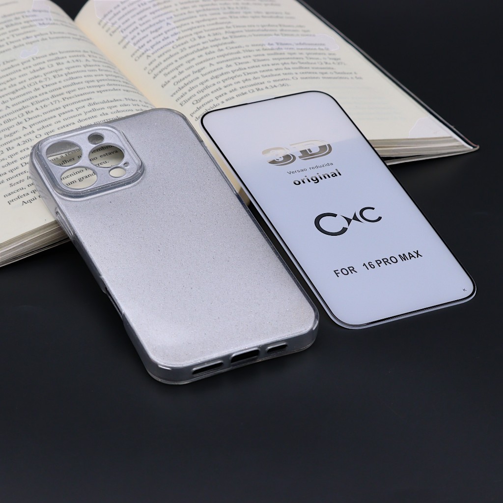 Capa Colorida com Brilho para IPhon 16 Pro Max Com Película de Vidro 3D