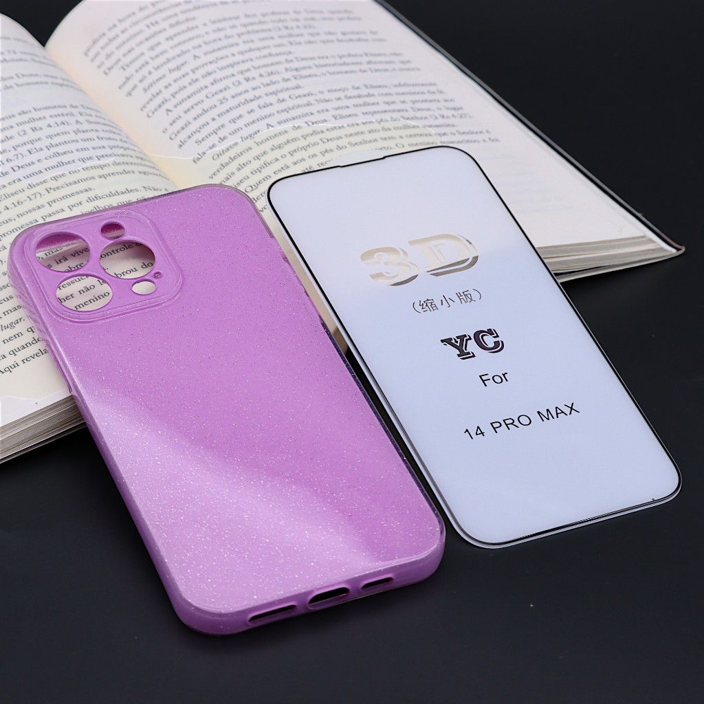 Capa Colorida com Brilho para IPhon 14 Pro Max Com Película de Vidro 3D