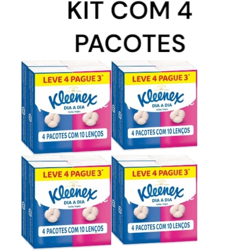 4 kits com 4 pcts com 10  lençosde bolso kleenex dia a dia total 16 pcts com 160 folhas de lenco